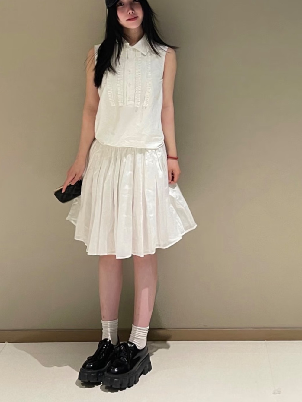 Yoon Cream Sleeveless Ruffle-Front Collared Top - Picture 3 of 6
